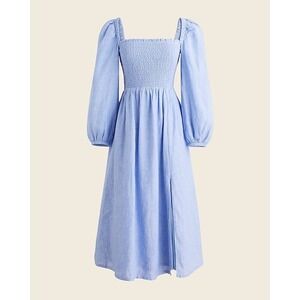 J. Crew 100% Linen Daydream Smocked Puff Sleeve Midi Dress French Blue Large